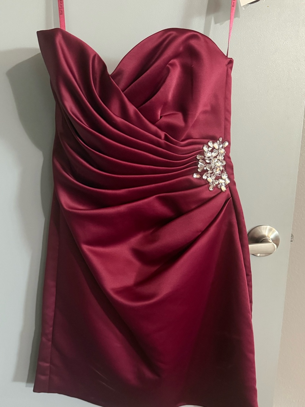 Mori Lee Strapless Satin Cocktail Dress in Burgundy with Jewel Accent NWT